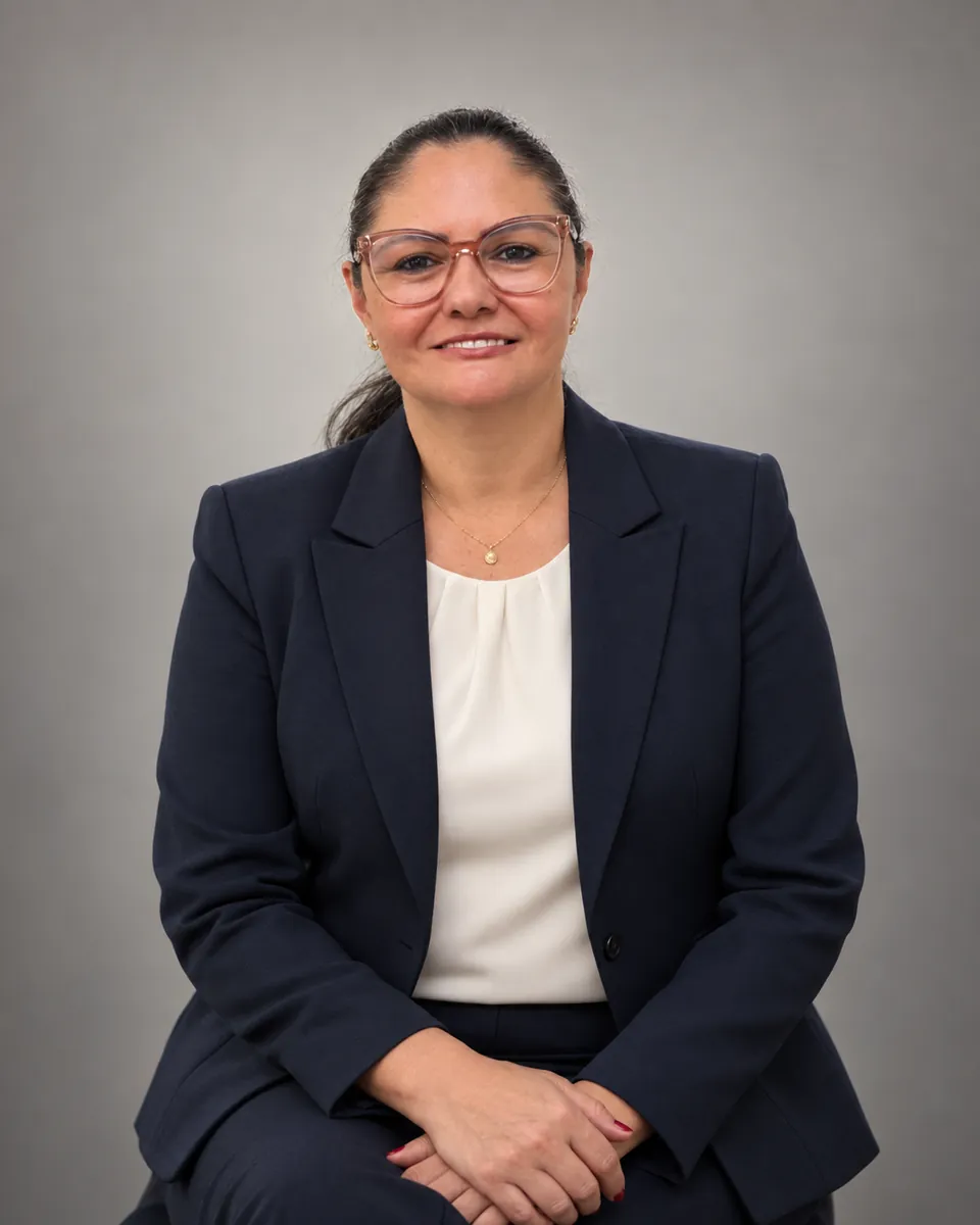 Suzane Salvador, de blazer azul-marinho e óculos, sorrindo para a câmera em retrato profissional